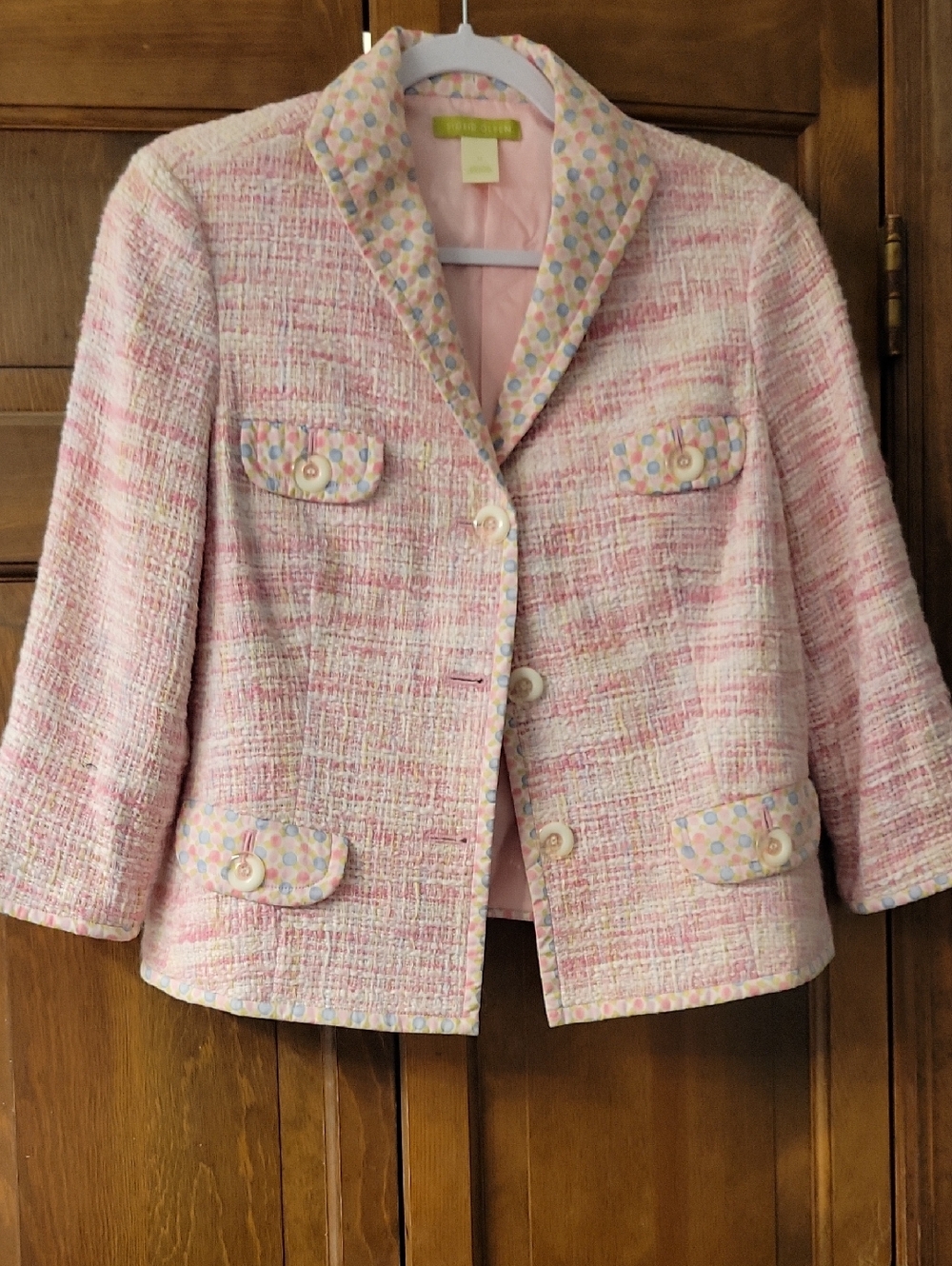 Sigrid Olsen Pink Tweed Blazer with Pastel Dot Trim